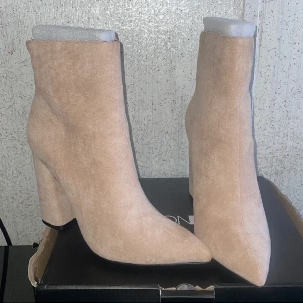 Fashion Nova Blush Suede Pointed Toe Block Heel Ankle Boots